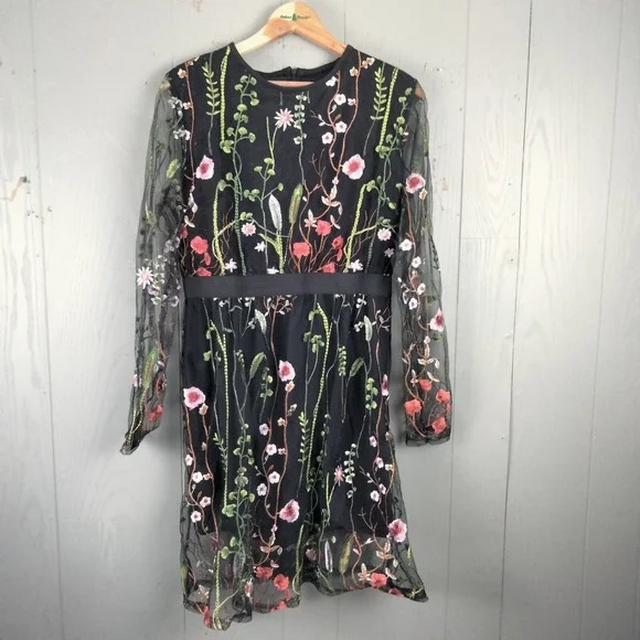 Fairy Grunge Black Mesh Dress S/M Embroidered Flowers Whimsigoth Garden Party - Picture 2 of 10